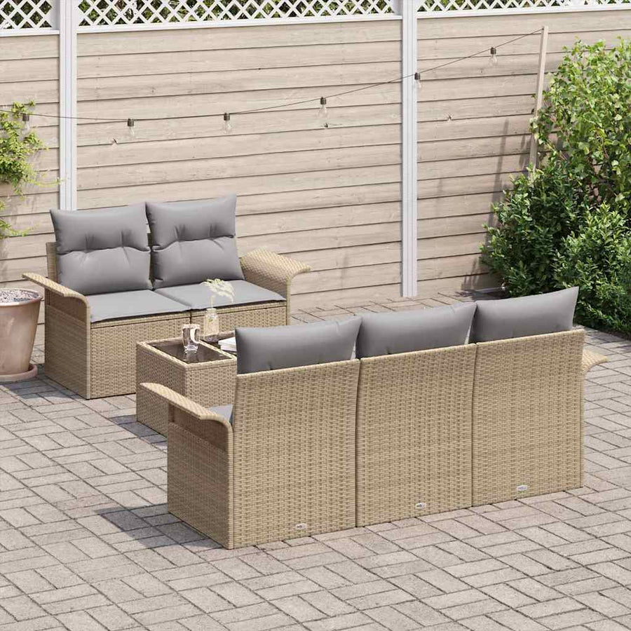Tuin Sofa Set 6 pcs Beige en Grijs Poly rattan, staal en glas