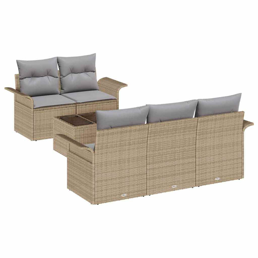 Tuin Sofa Set 6 pcs Beige en Grijs Poly rattan, staal en glas