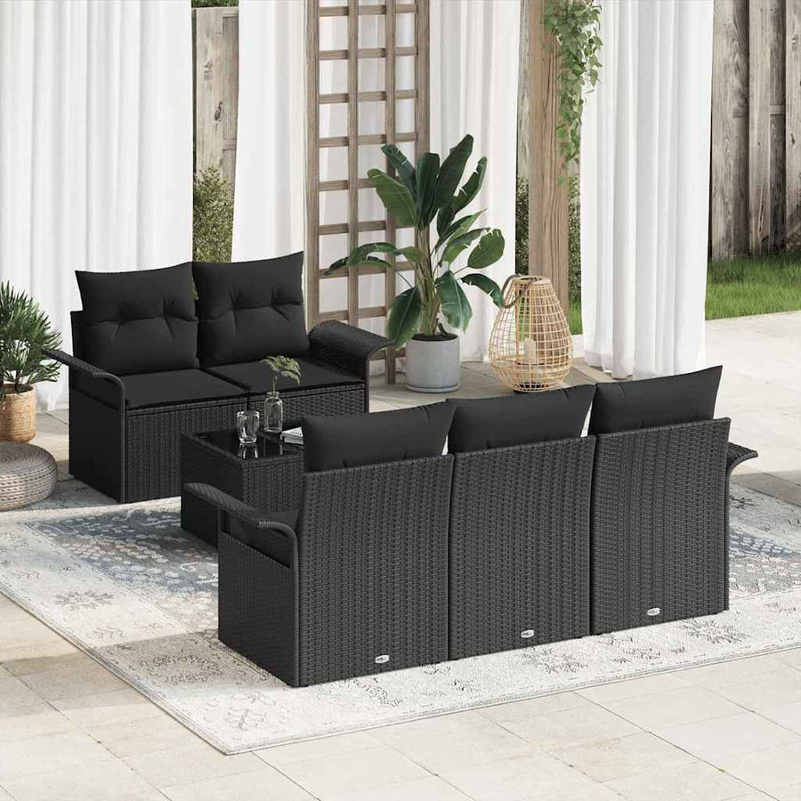 Tuin Sofa Set met kussen 6 pcs Zwart Poly rattan, staal en glas
