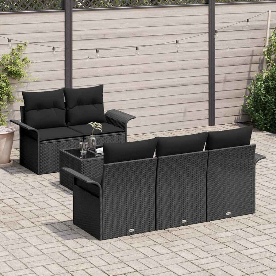Tuin Sofa Set met kussen 6 pcs Zwart Poly rattan, staal en glas
