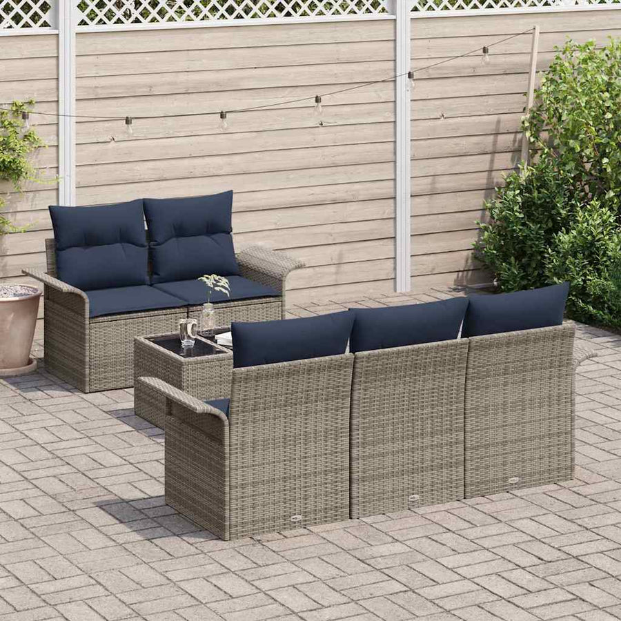 Tuin Sofa Set met kussen 6 pcs Grijs en Marineblauw poly rattan