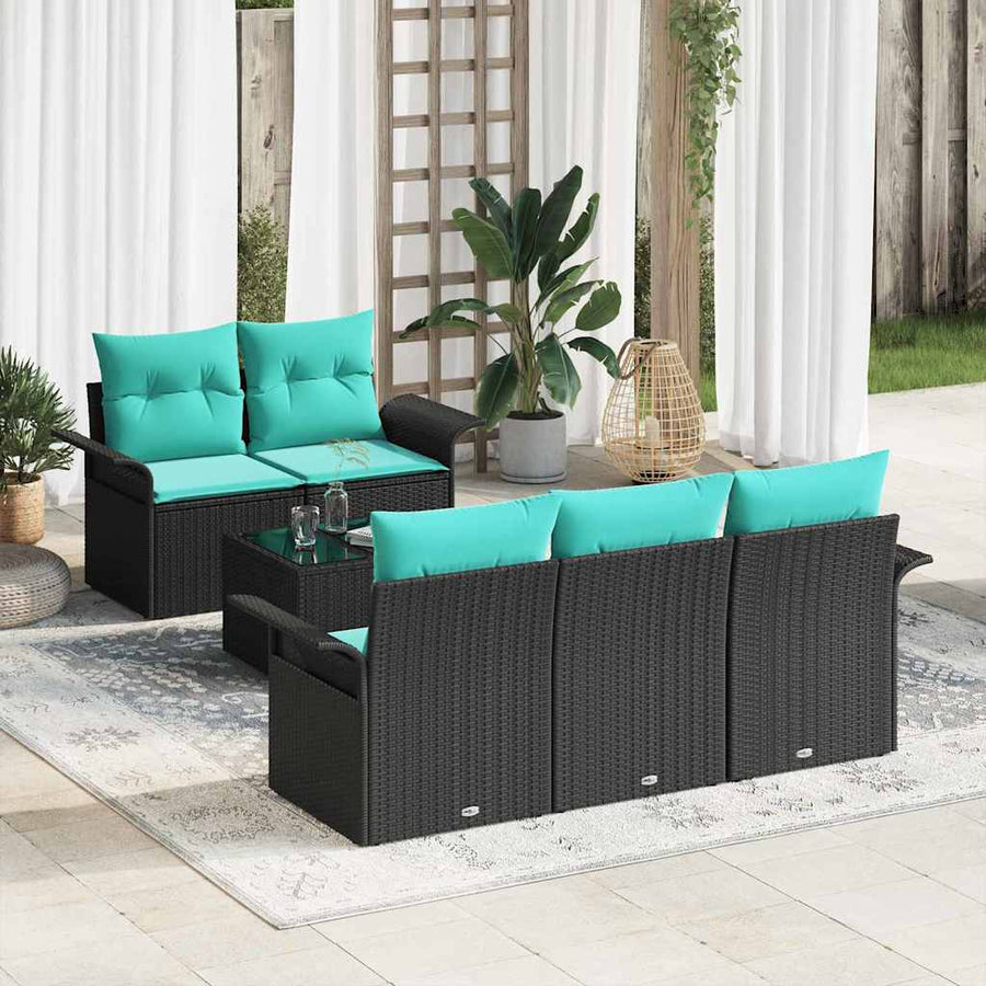 Tuin Sofa Set met kussen 6 pcs Zwart en Turquoise poly rattan