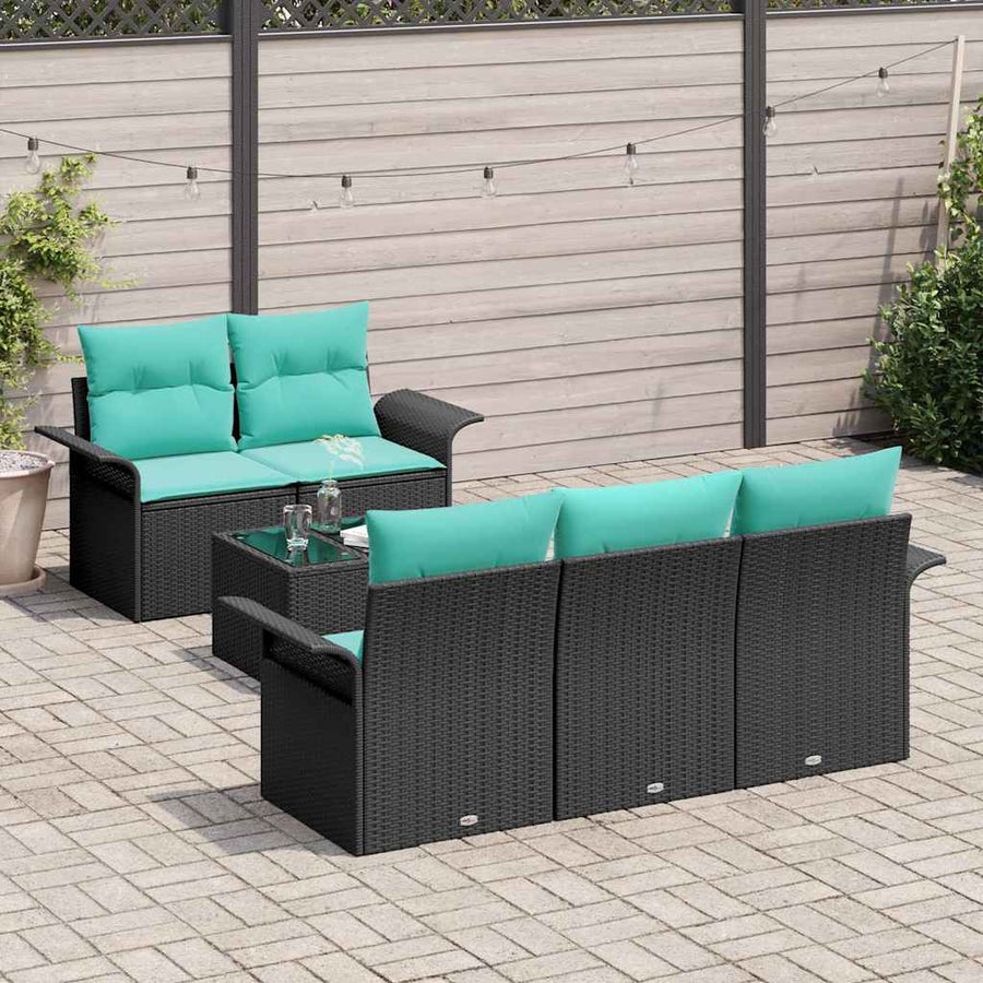 Tuin Sofa Set met kussen 6 pcs Zwart en Turquoise poly rattan