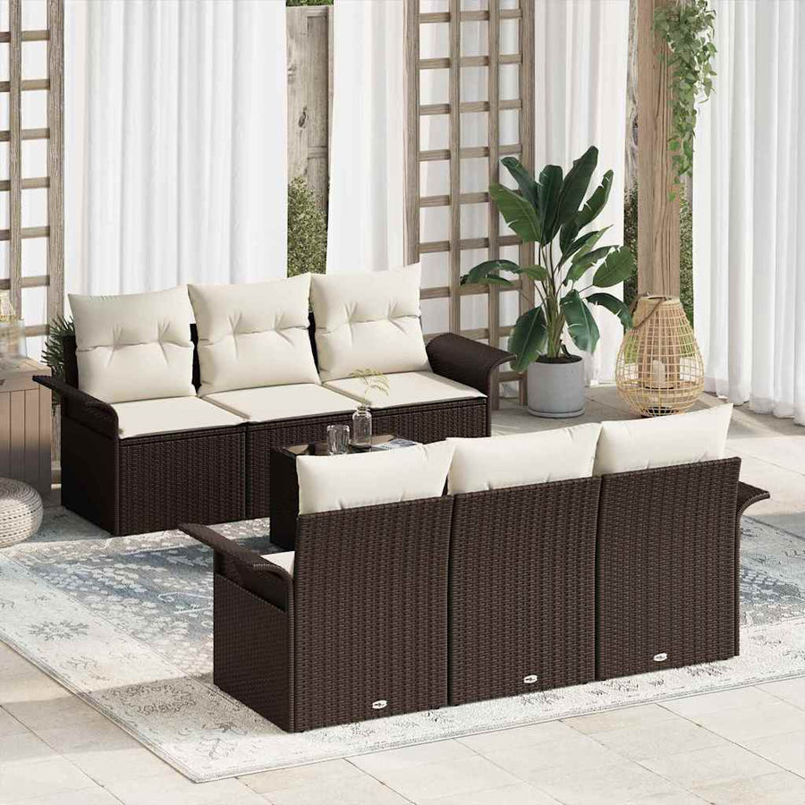Tuinbankenset met kussen 7 pcs Bruin en Crème poly rattan