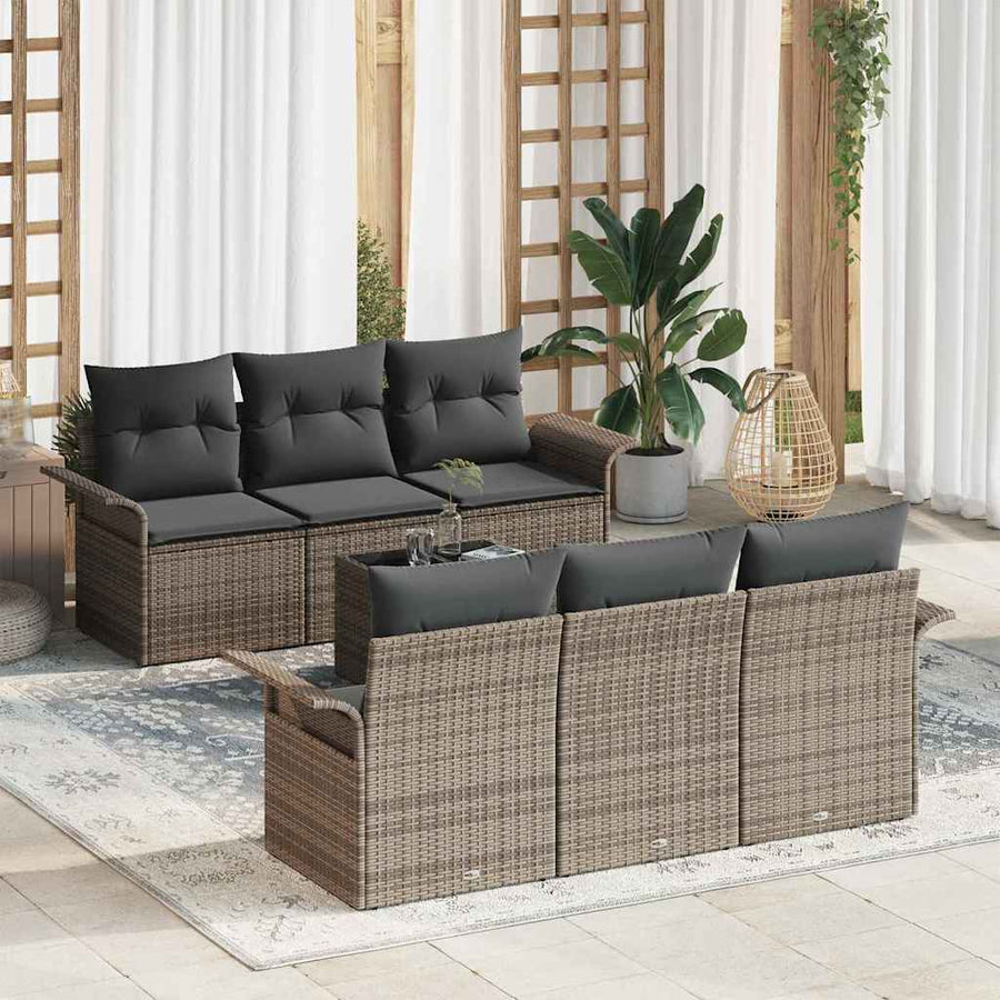 Tuinbankenset met kussen met opslag 7 pcs Grijs poly rattan