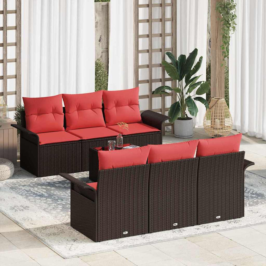 Tuin Sofa Set 7 pcs Beige Rood Poly rattan, staal en glas