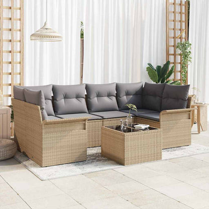 Tuin Sofa Set 7 pcs Beige en Grijs Poly rattan, staal en glas