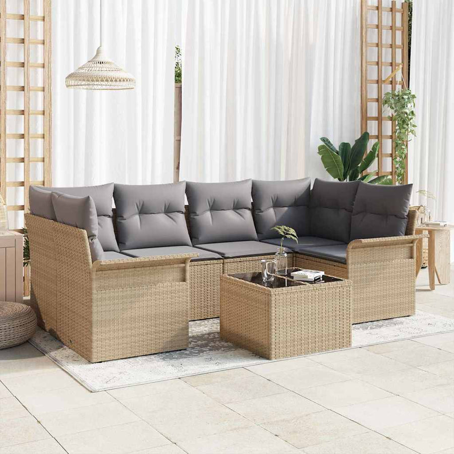Tuin Sofa Set 7 pcs Beige en Grijs Poly rattan, staal en glas