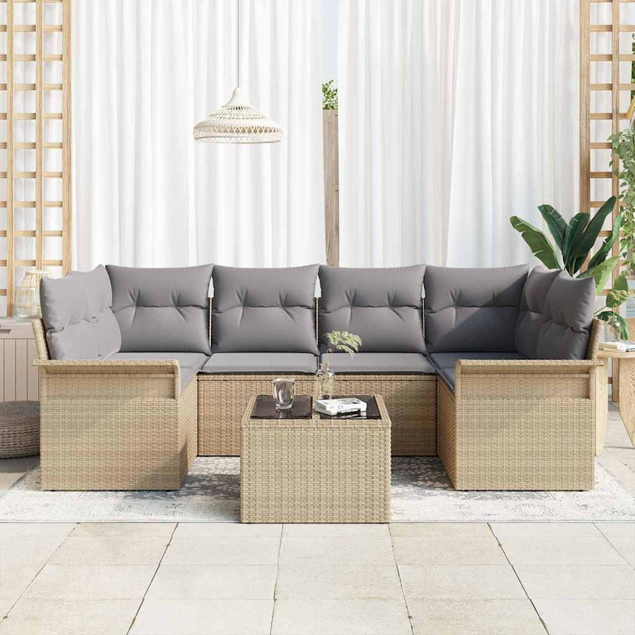 Tuin Sofa Set 7 pcs Beige en Grijs Poly rattan, staal en glas
