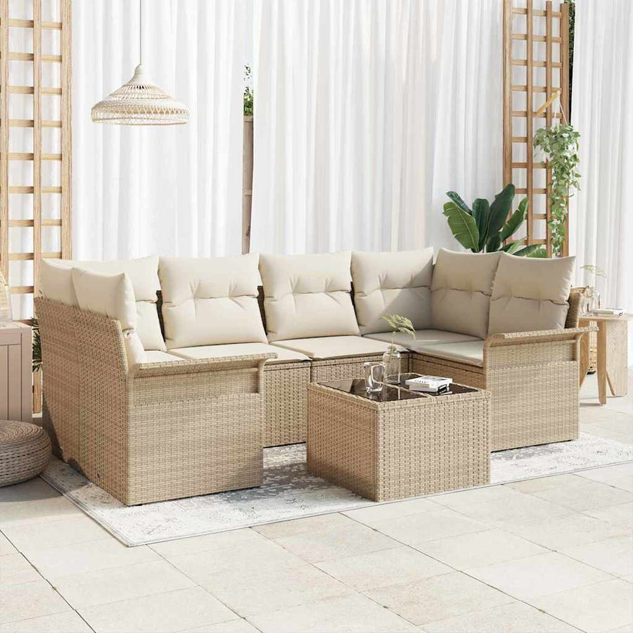 Tuin Sofa Set 7 pcs Beige en Crème Poly rattan, staal en glas
