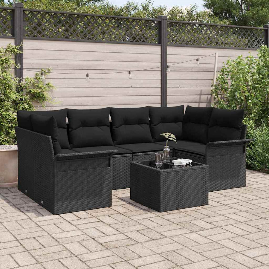 Tuin Sofa Set met kussen 7 pcs Zwart Poly rattan, staal en glas