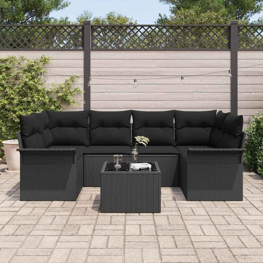 Tuin Sofa Set met kussen 7 pcs Zwart Poly rattan, staal en glas