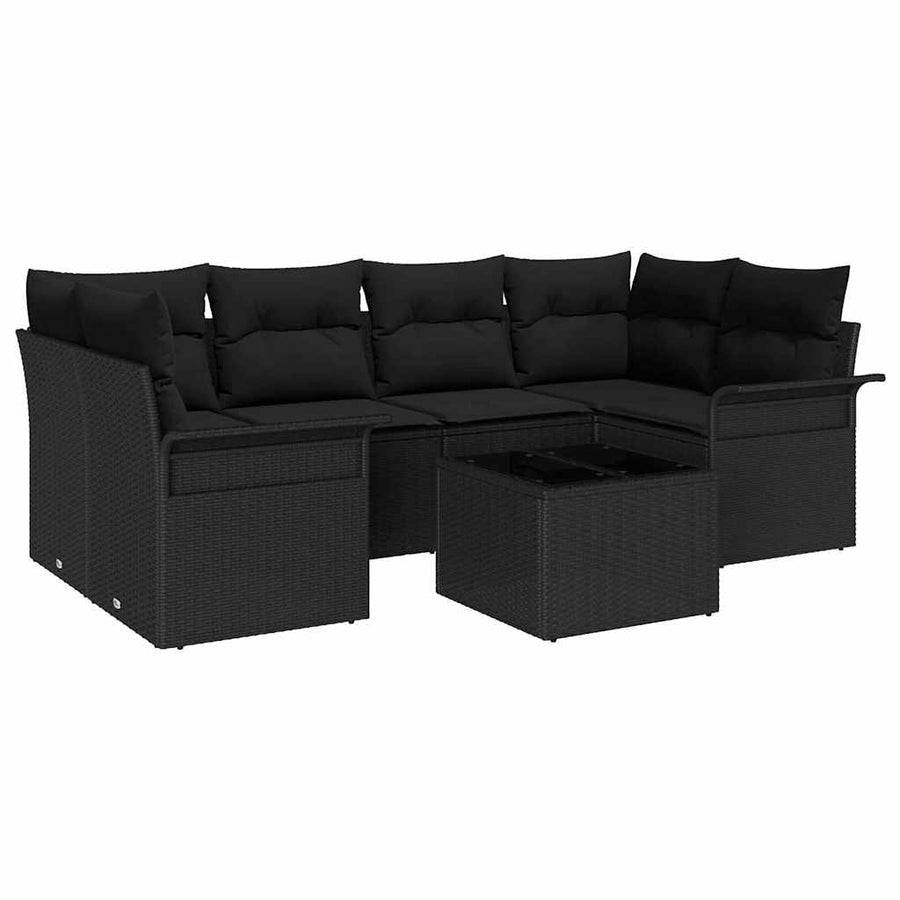 Tuin Sofa Set met kussen 7 pcs Zwart Poly rattan, staal en glas