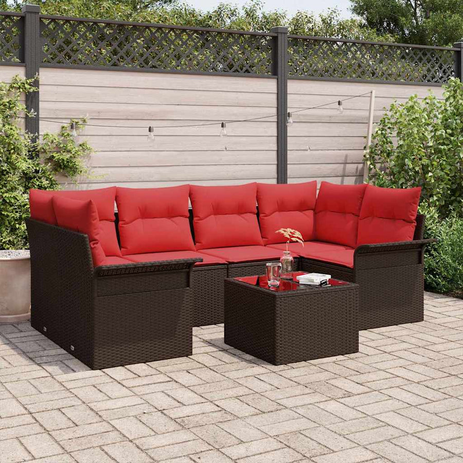 Tuin Sofa Set met kussen 7 pcs Beige en Rood poly rattan