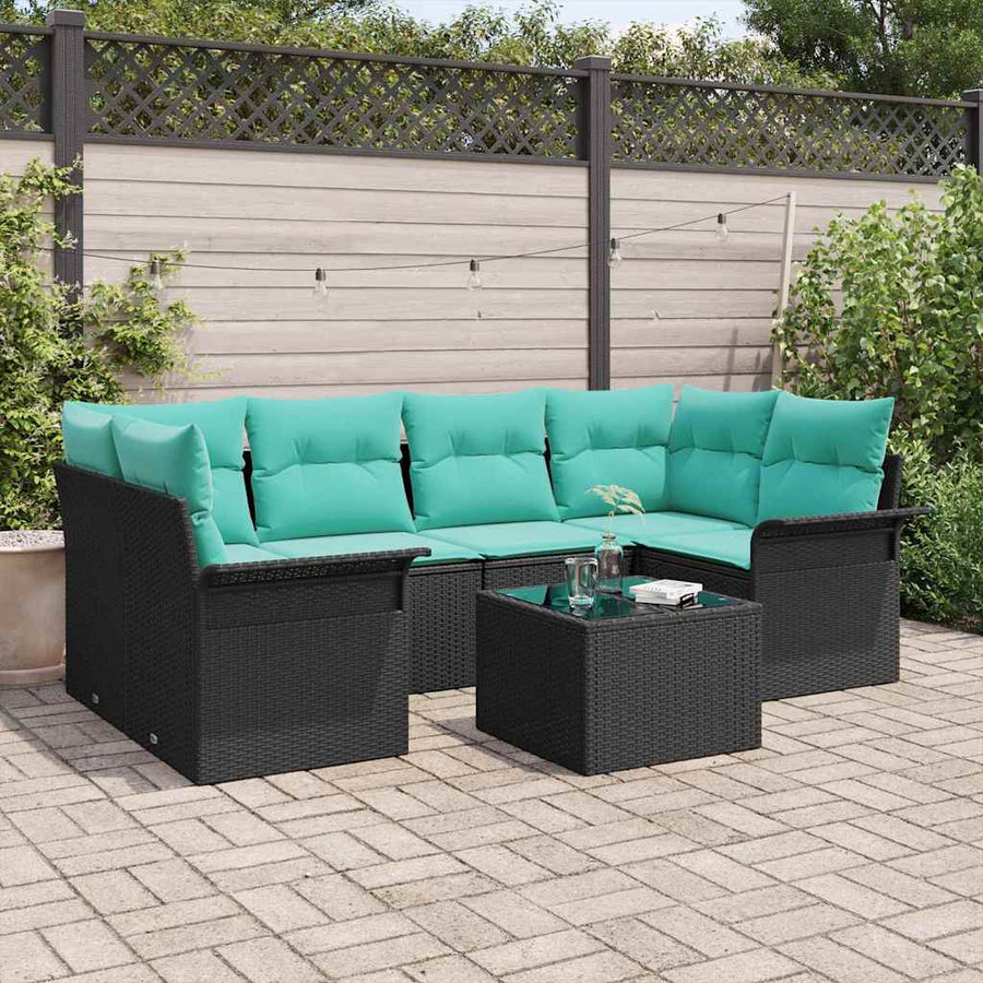 Tuin Sofa Set met kussen 7 pcs Zwart en Turquoise poly rattan