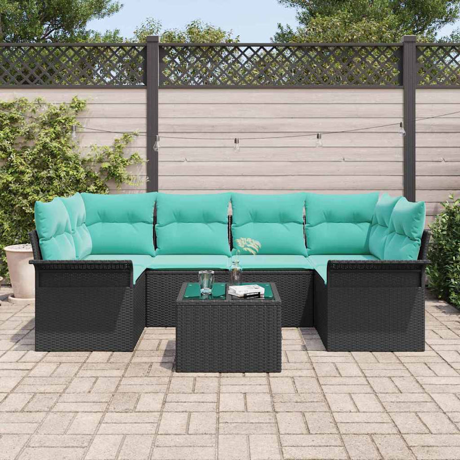 Tuin Sofa Set met kussen 7 pcs Zwart en Turquoise poly rattan