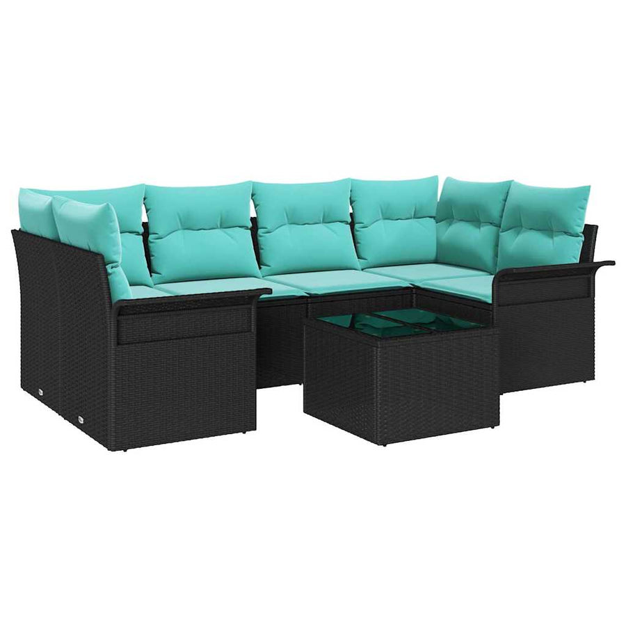 Tuin Sofa Set met kussen 7 pcs Zwart en Turquoise poly rattan