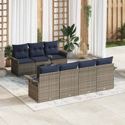 Tuinset poly rattan grijs marineblauw 8-delig