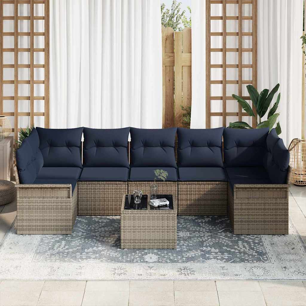 Tuin Sofa Set met kussen 8 pcs Grijs en Marineblauw poly rattan