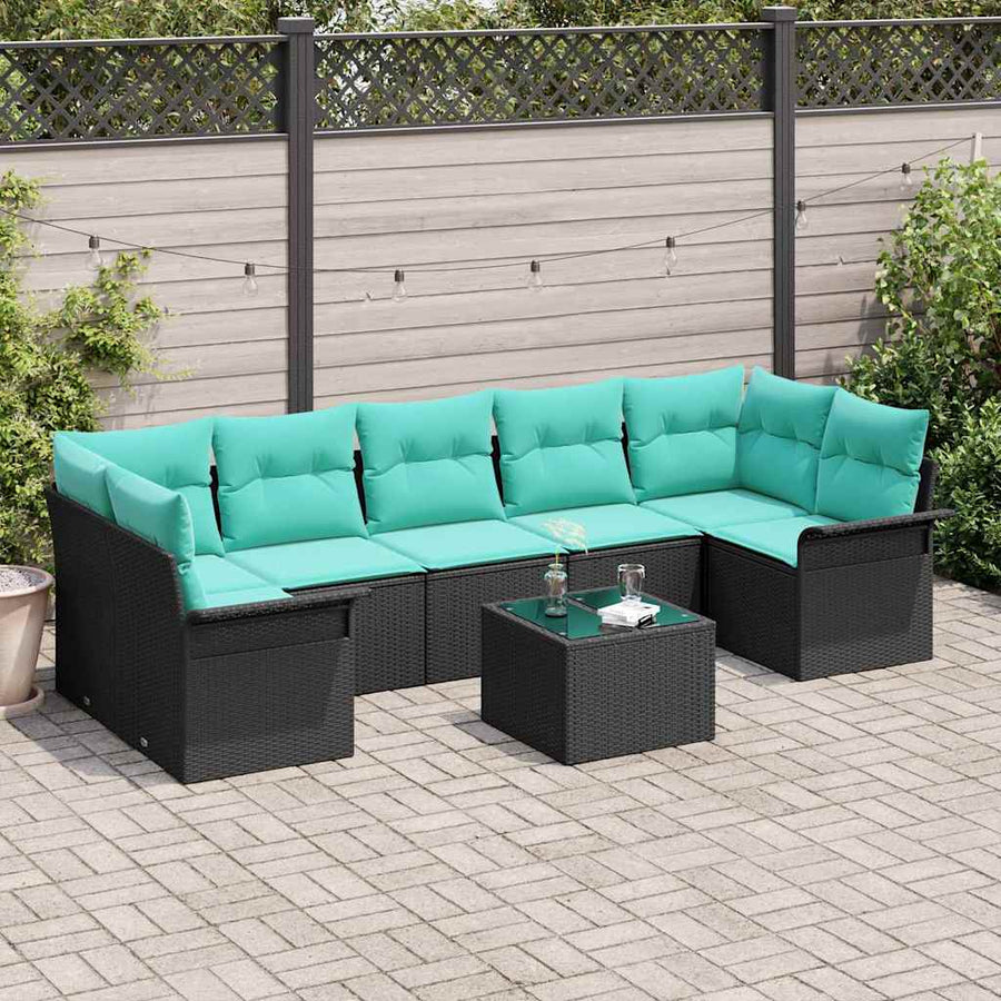 Tuin Sofa Set met kussen 8 pcs Zwart en Turquoise poly rattan