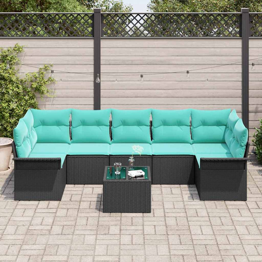 Tuin Sofa Set met kussen 8 pcs Zwart en Turquoise poly rattan