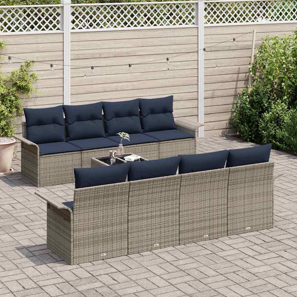Tuin Sofa Set met kussen 9 pcs Grijs en Marineblauw poly rattan
