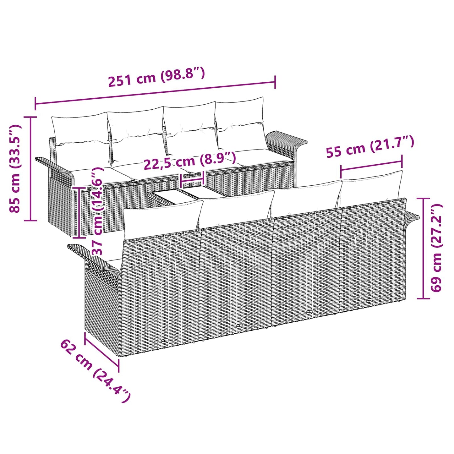 Tuin Sofa Set met kussen 9 pcs Grijs en Marineblauw poly rattan