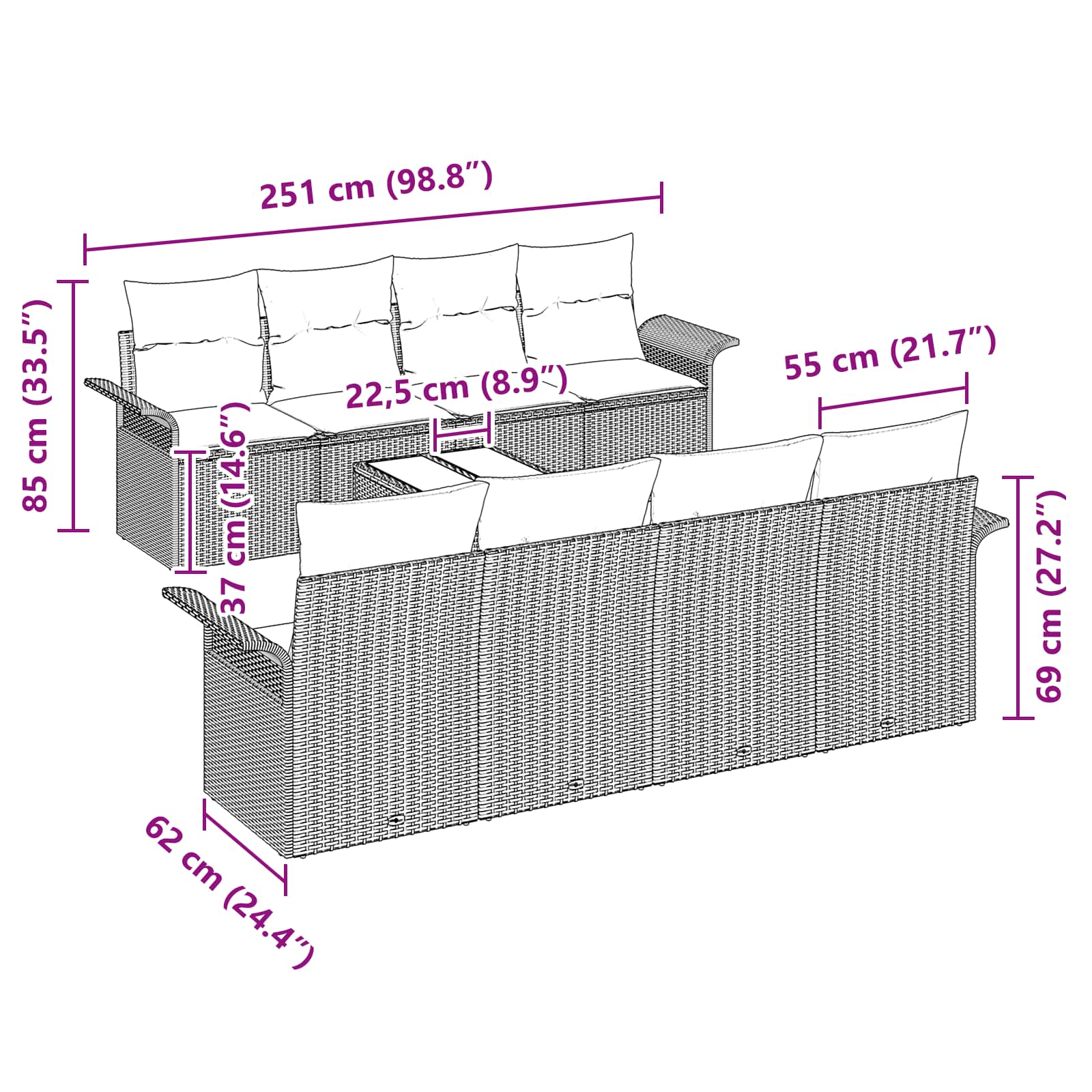 Tuin Sofa Set met kussen 9 pcs Grijs en Marineblauw poly rattan