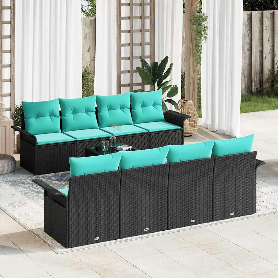 Tuin Sofa Set met kussen 9 pcs Zwart en Turquoise poly rattan