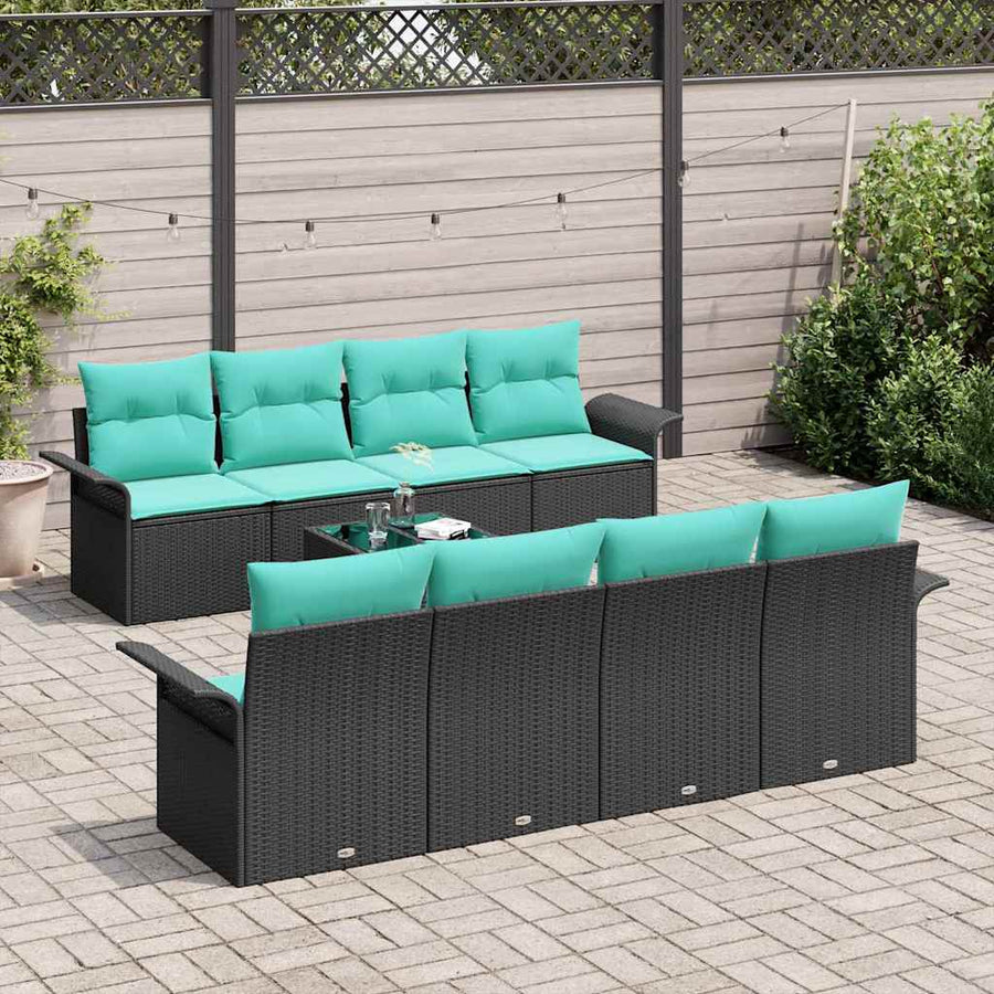 Tuin Sofa Set met kussen 9 pcs Zwart en Turquoise poly rattan