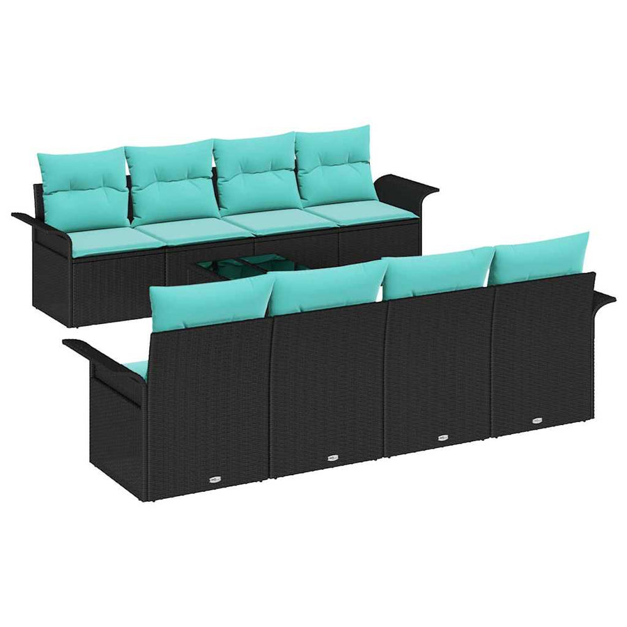 Tuin Sofa Set met kussen 9 pcs Zwart en Turquoise poly rattan