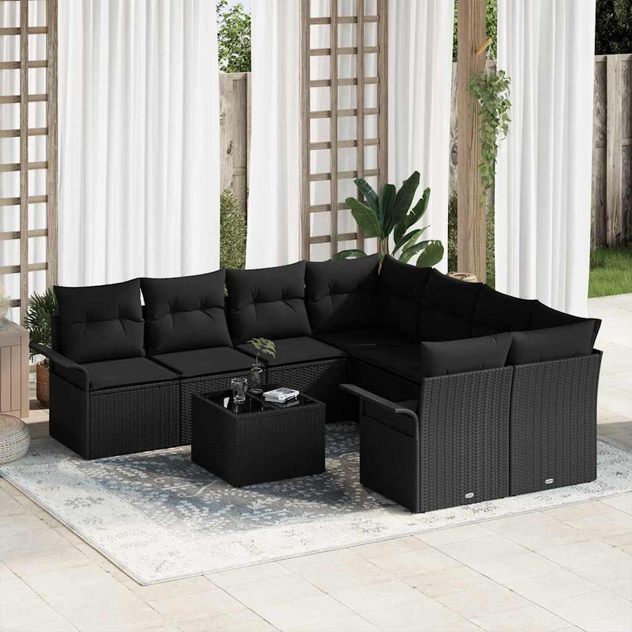 Tuinbankenset met kussen met opslag 9 pcs Zwart poly rattan