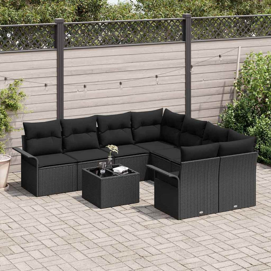 Tuinbankenset met kussen met opslag 9 pcs Zwart poly rattan