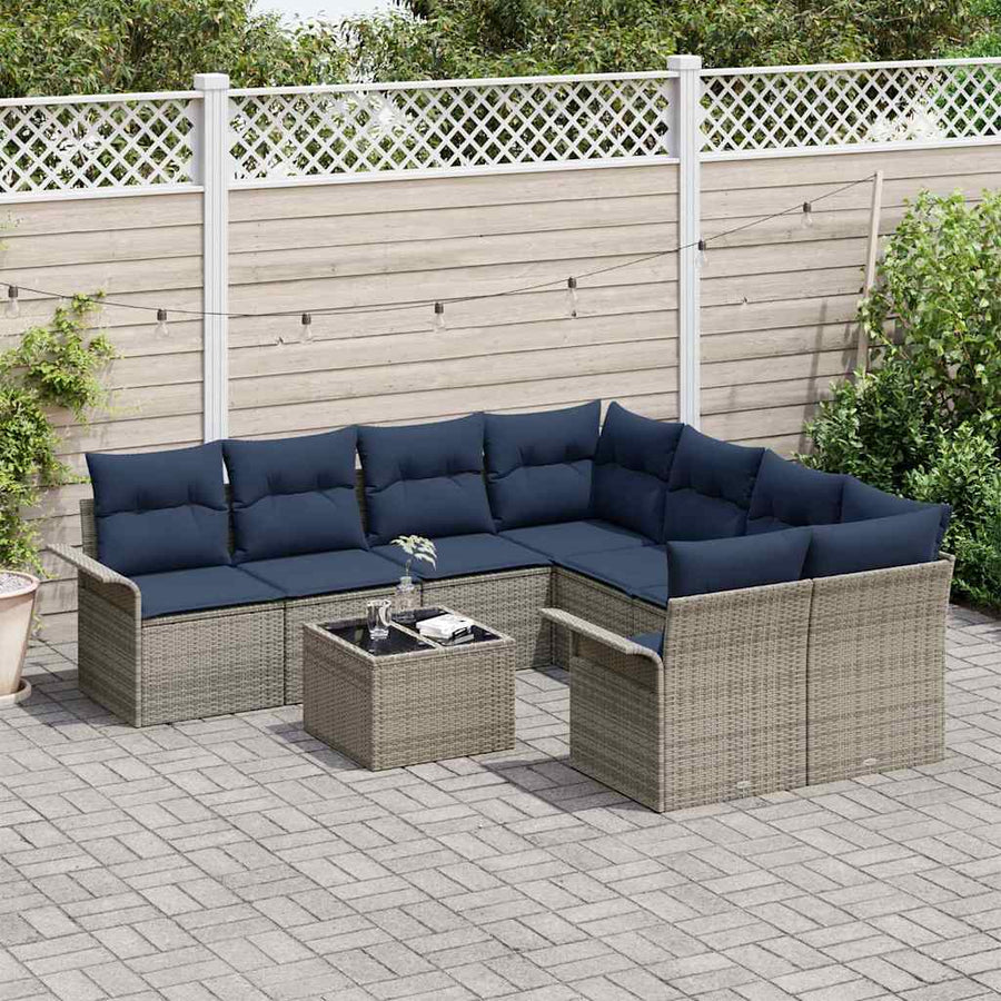 Tuin Sofa Set met kussen 9 pcs Grijs en Marineblauw poly rattan