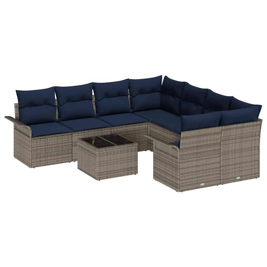 Tuin Sofa Set met kussen 9 pcs Grijs en Marineblauw poly rattan