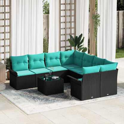 Tuin Sofa Set met kussen 9 pcs Zwart en Turquoise poly rattan