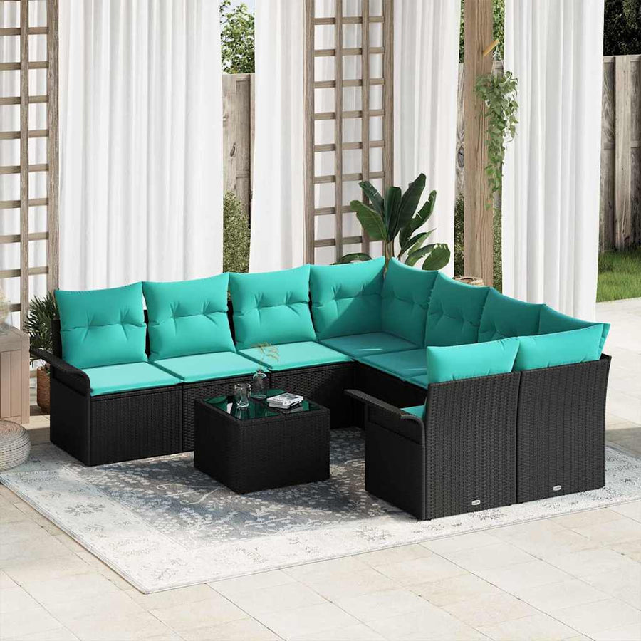 Tuin Sofa Set met kussen 9 pcs Zwart en Turquoise poly rattan