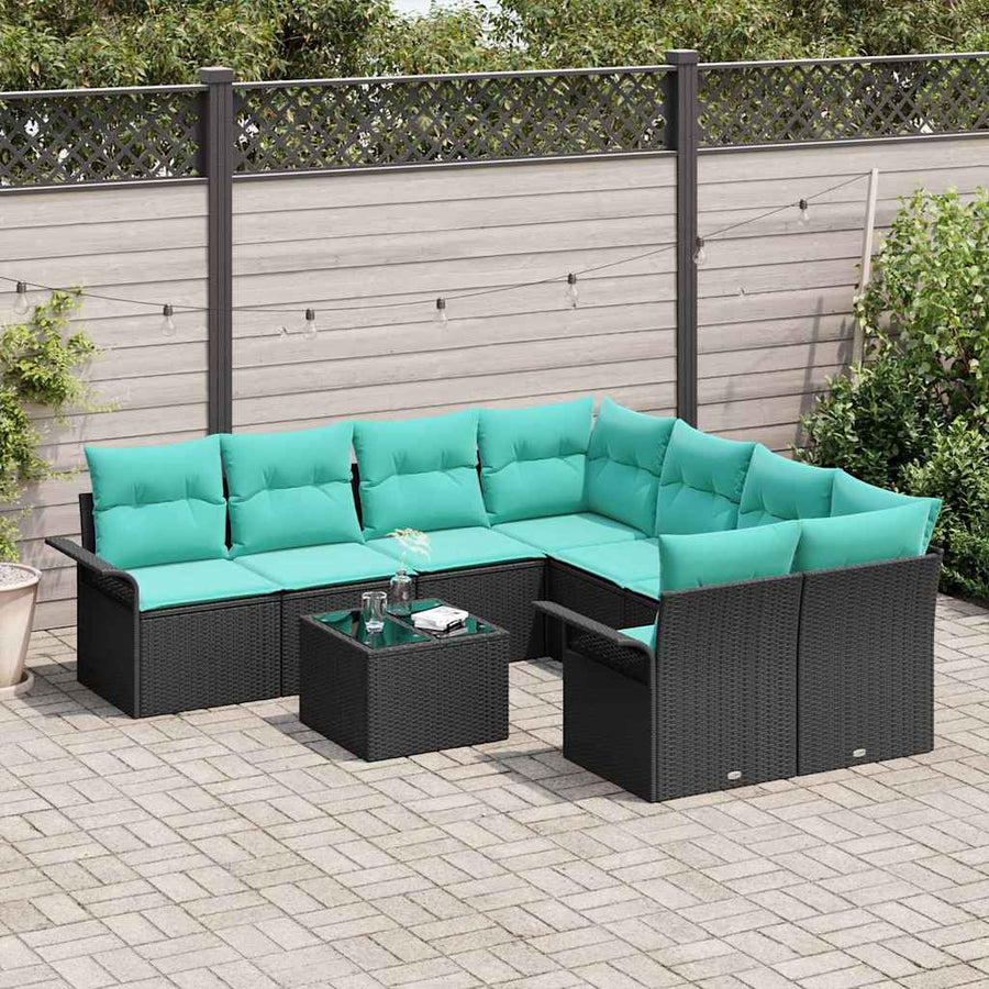 Tuin Sofa Set met kussen 9 pcs Zwart en Turquoise poly rattan
