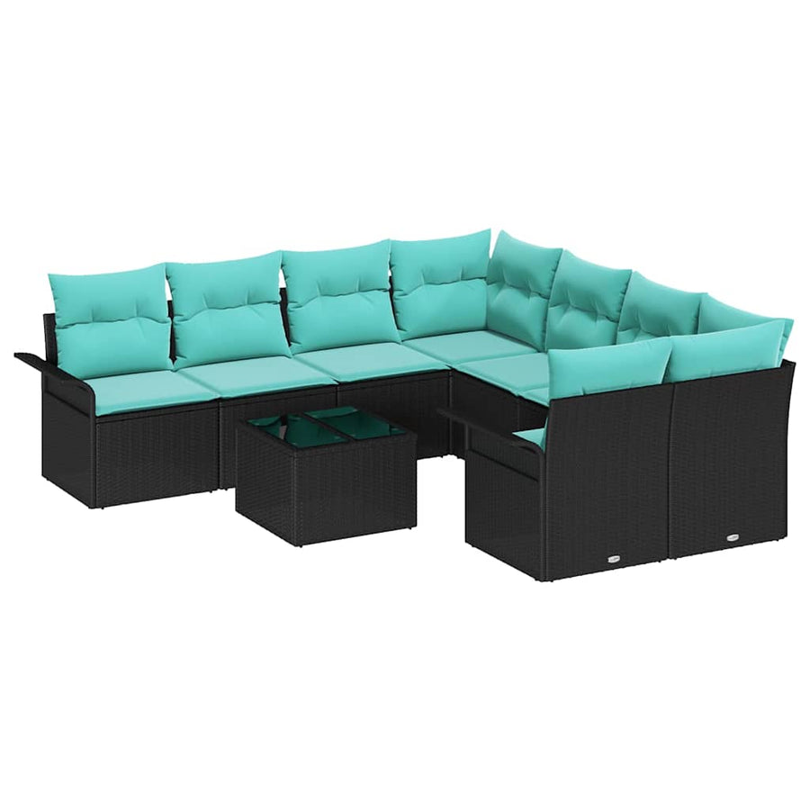 Tuin Sofa Set met kussen 9 pcs Zwart en Turquoise poly rattan