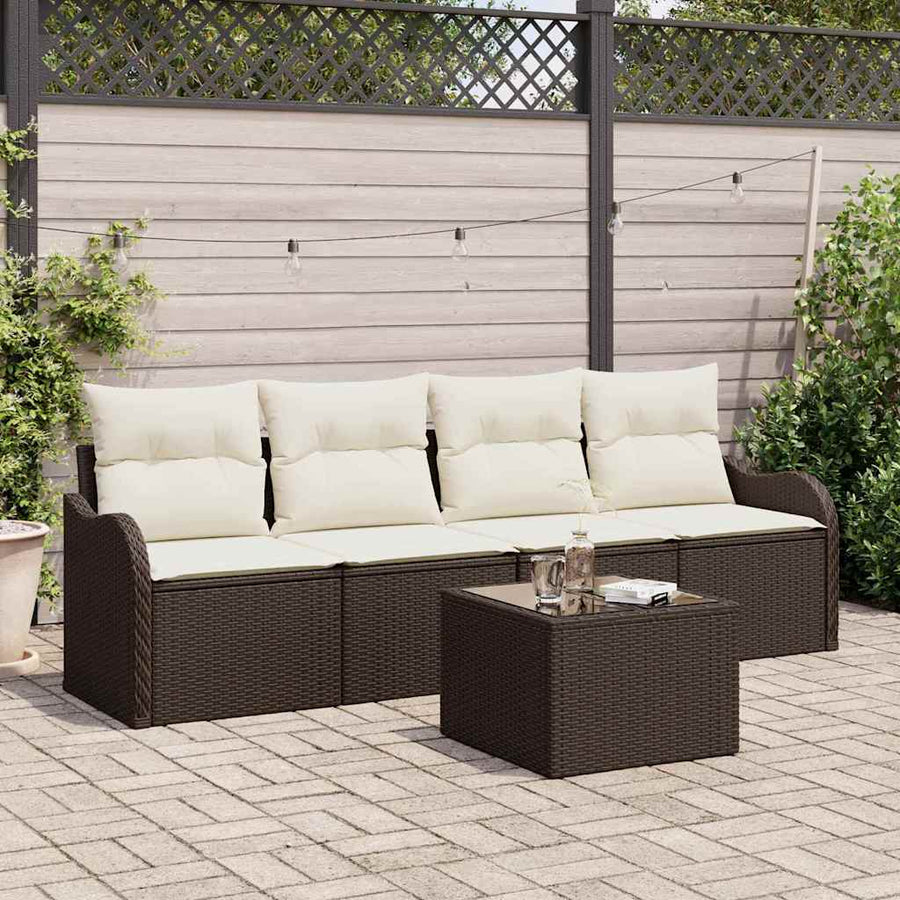 Tuin Sofa Set 5 pcs Bruin en Crème Poly rattan, staal en glas