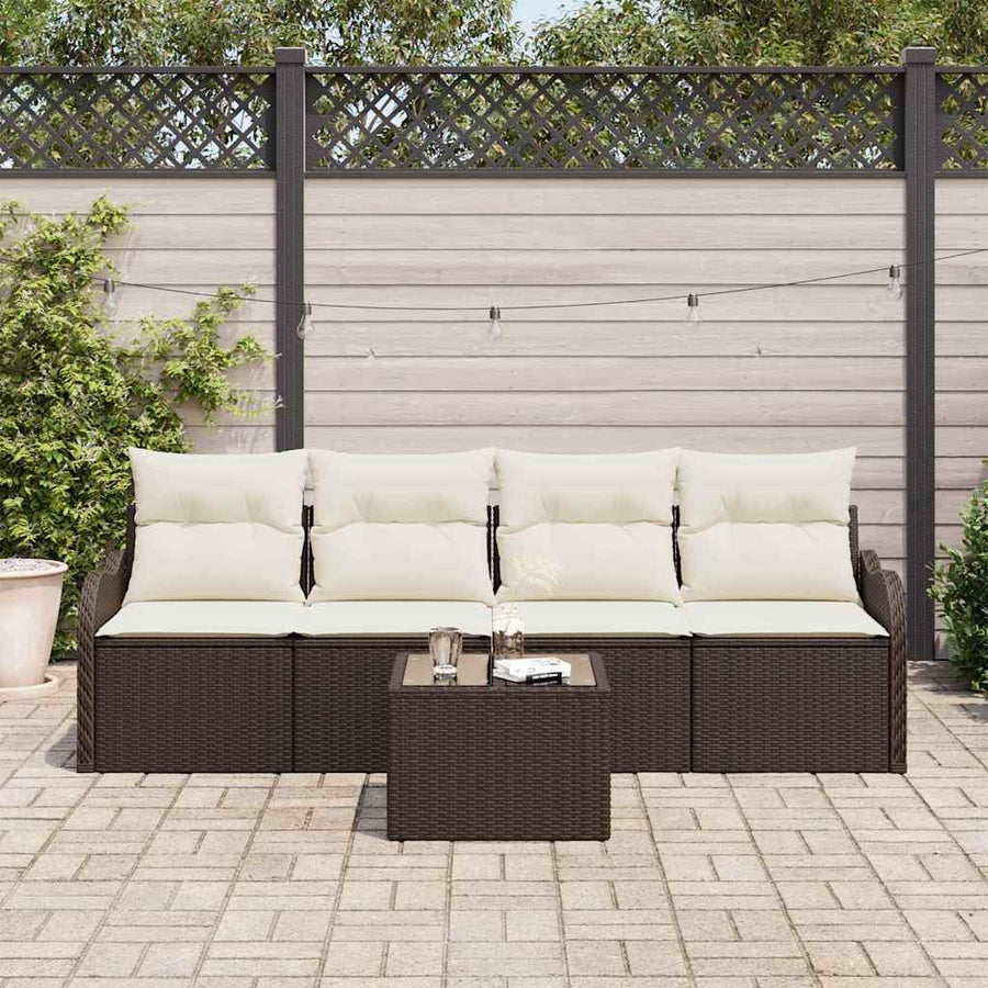 Tuin Sofa Set 5 pcs Bruin en Crème Poly rattan, staal en glas