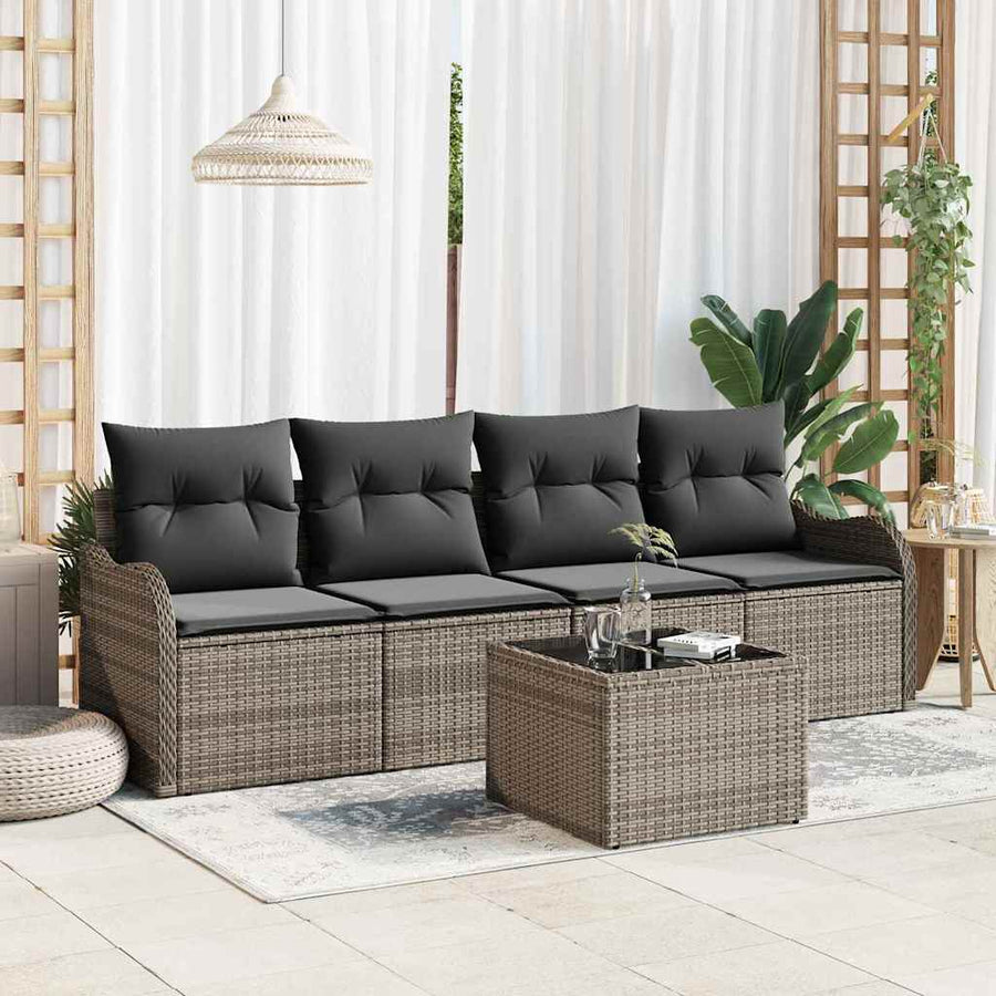 Tuin Sofa Set met kussen 5 pcs Grijs Poly rattan, staal en glas