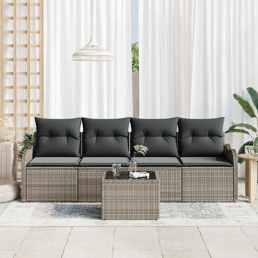 Tuin Sofa Set met kussen 5 pcs Grijs Poly rattan, staal en glas