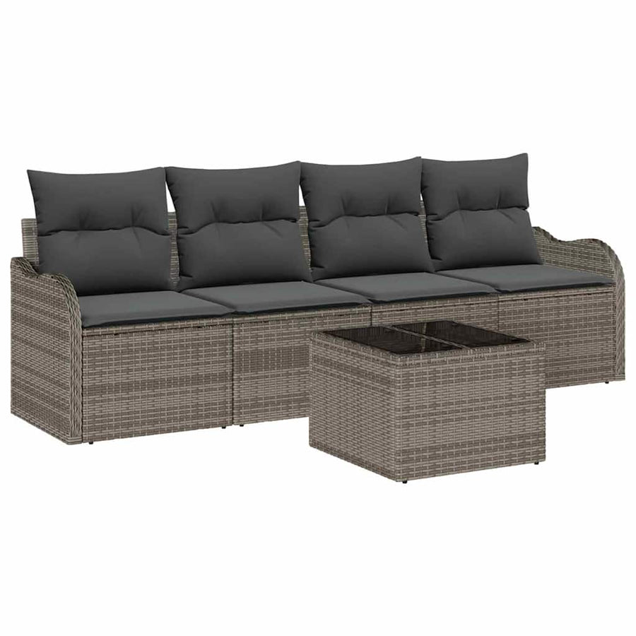 Tuin Sofa Set met kussen 5 pcs Grijs Poly rattan, staal en glas