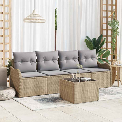 Tuin Sofa Set 5 pcs Beige en Grijs Poly rattan, staal en glas