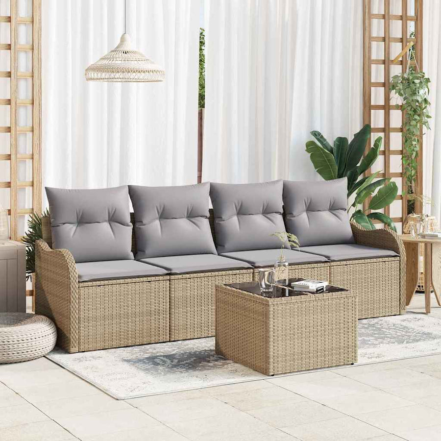 Tuin Sofa Set 5 pcs Beige en Grijs Poly rattan, staal en glas