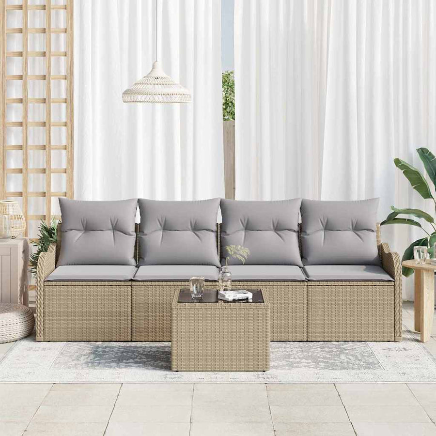 Tuin Sofa Set 5 pcs Beige en Grijs Poly rattan, staal en glas