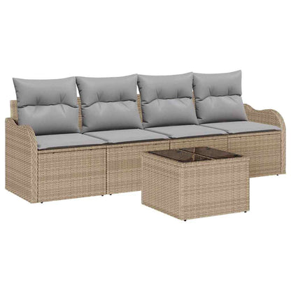 Tuin Sofa Set 5 pcs Beige en Grijs Poly rattan, staal en glas