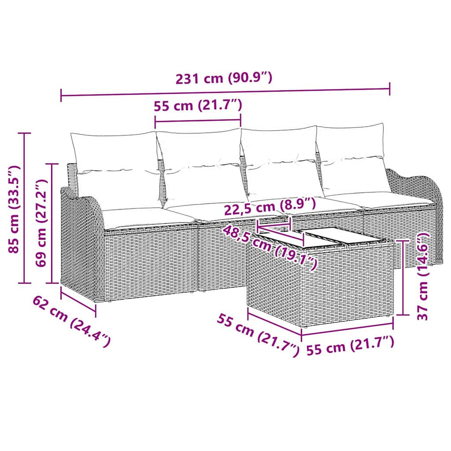 Tuin Sofa Set 5 pcs Beige en Grijs Poly rattan, staal en glas