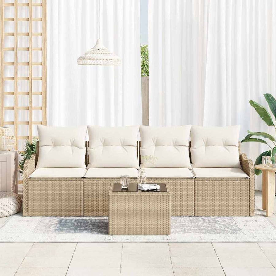 Tuin Sofa Set 5 pcs Beige en Crème Poly rattan, staal en glas